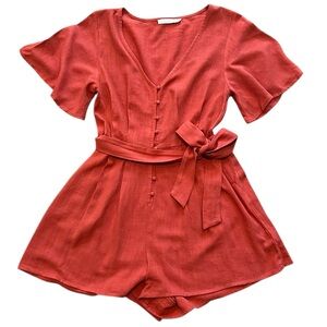 Women's LUSH Linen blend Red Romper with Tie Waist, Size S